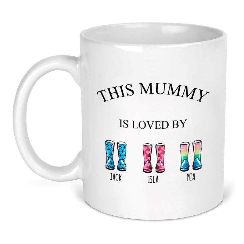 Personalised Mummy Wellington Boots Mug shown with printed design