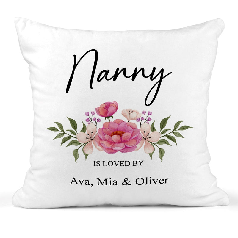 Personalised Nanny Is Loved by Floral Cushion showing a floral milestone design front view