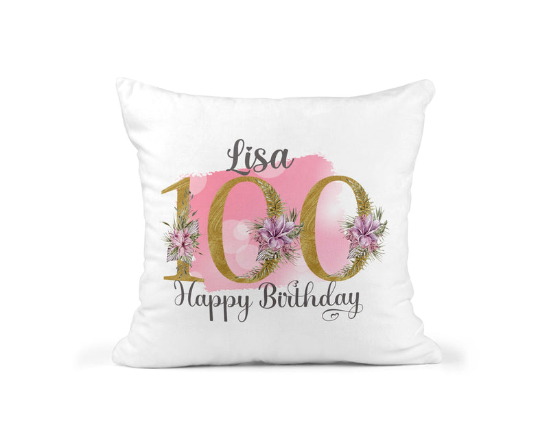 Personalised Pink Floral 100th Birthday Cushion showing a floral milestone design front view
