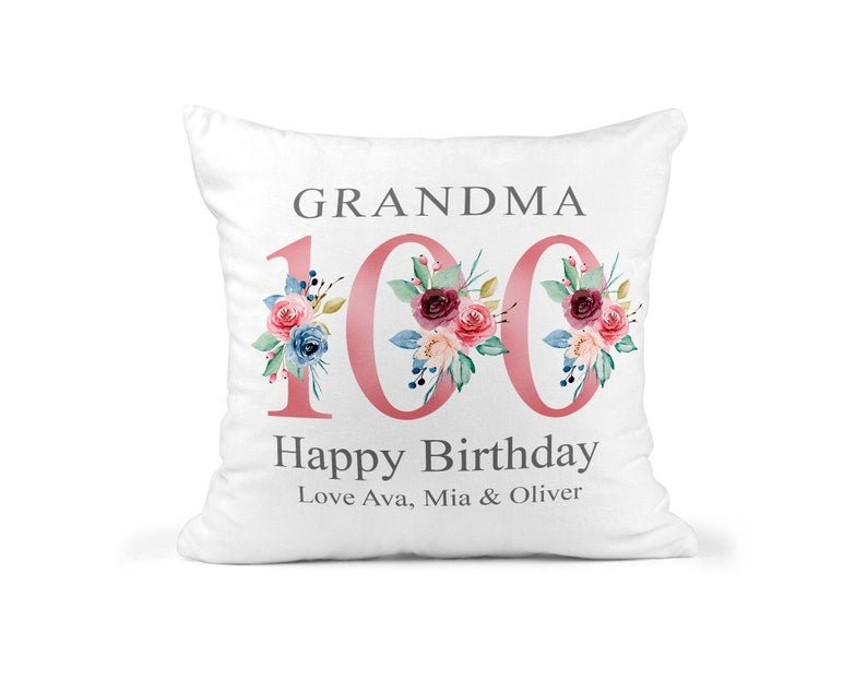 Personalised Rose Gold Floral 100th Birthday Cushion showing a floral milestone design front view
