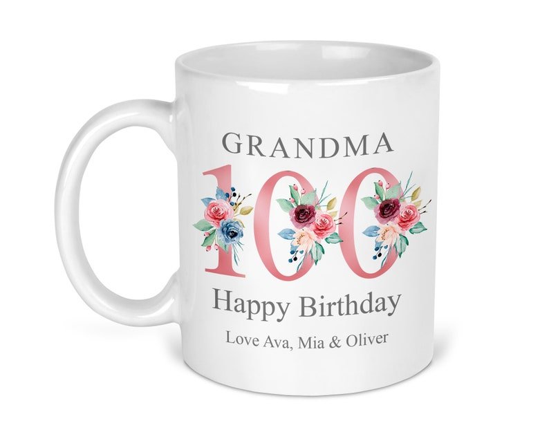 Personalised Rose Gold Floral 100th Birthday Mug shown with printed design