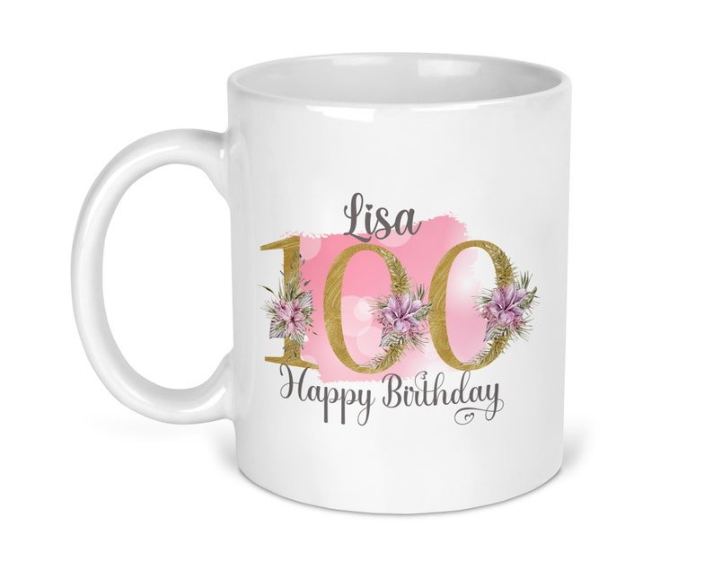 Personalised Pink Floral 100th Birthday Mug shown with printed design