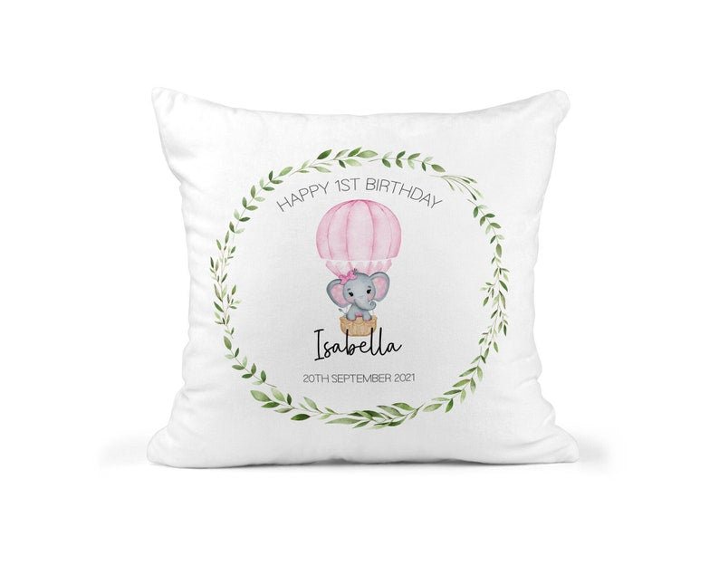 Personalised 1st Birthday Pink Elephant Cushion showing gentle elephant artwork front view