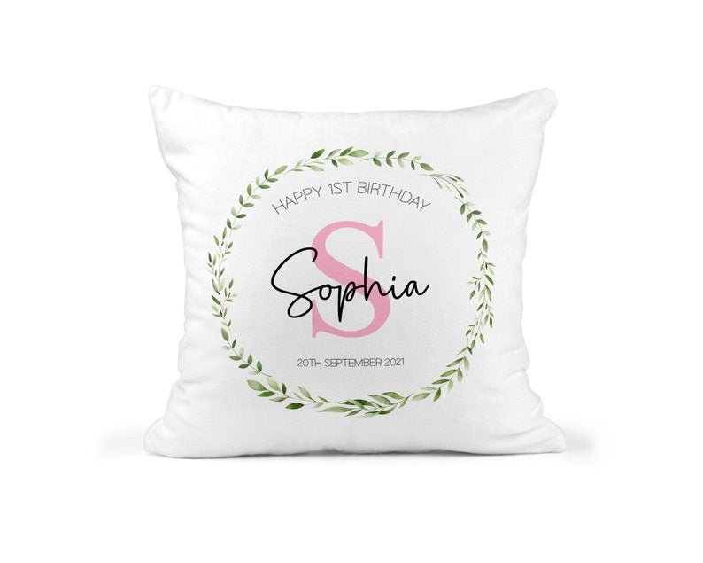 Personalised 1st Birthday Pink Initial Cushion showing the visible cushion artwork front view