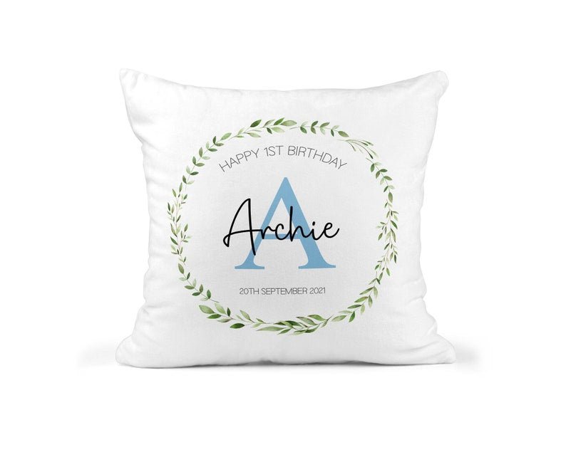 Personalised 1st Birthday Blue Initial Cushion showing the visible cushion artwork front view