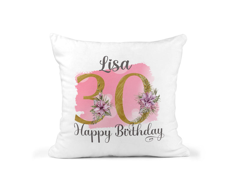 Personalised Pink Floral 30th Birthday Cushion showing a floral milestone design front view