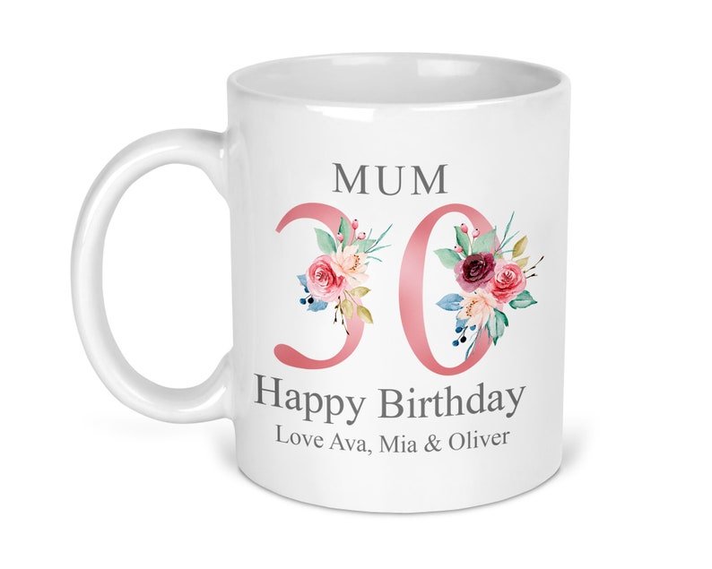 Personalised Rose Gold Floral 30th Birthday Mug shown with printed design