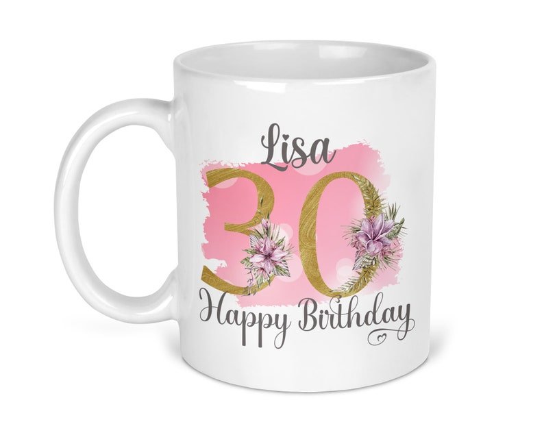 Personalised Pink Floral 30th Birthday Mug shown with printed design