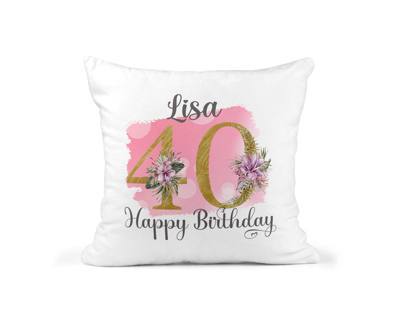Personalised Pink Floral 40th Birthday Cushion showing a floral milestone design front view