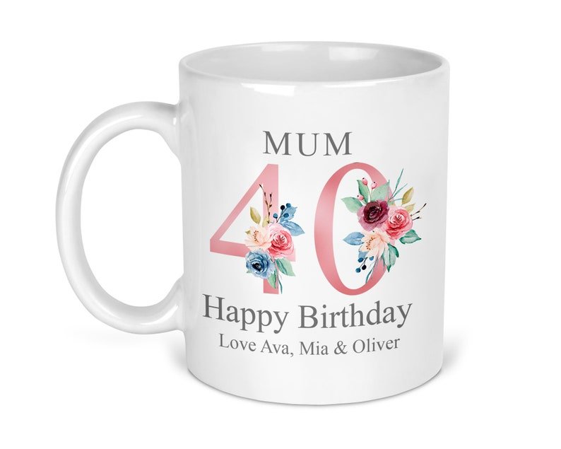 Personalised Rose Gold Floral 40th Birthday Mug shown with printed design