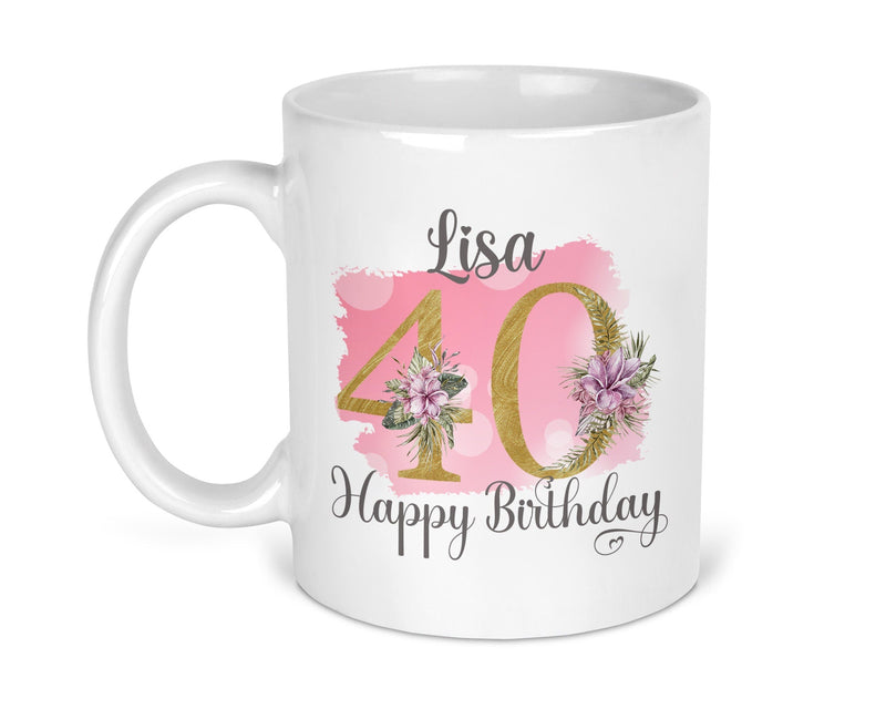 Personalised Pink Floral 40th Birthday Mug shown with printed design