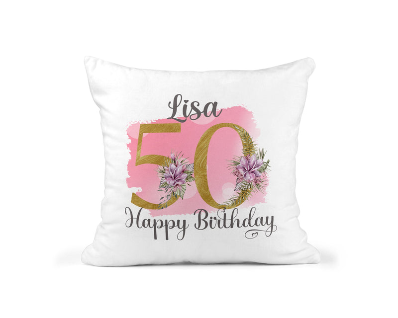 Personalised Pink Floral 50th Birthday Cushion showing a floral milestone design front view