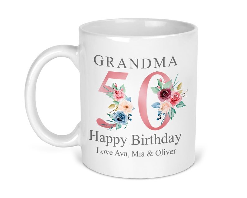 Personalised Rose Gold Floral 50th Birthday Mug shown with printed design