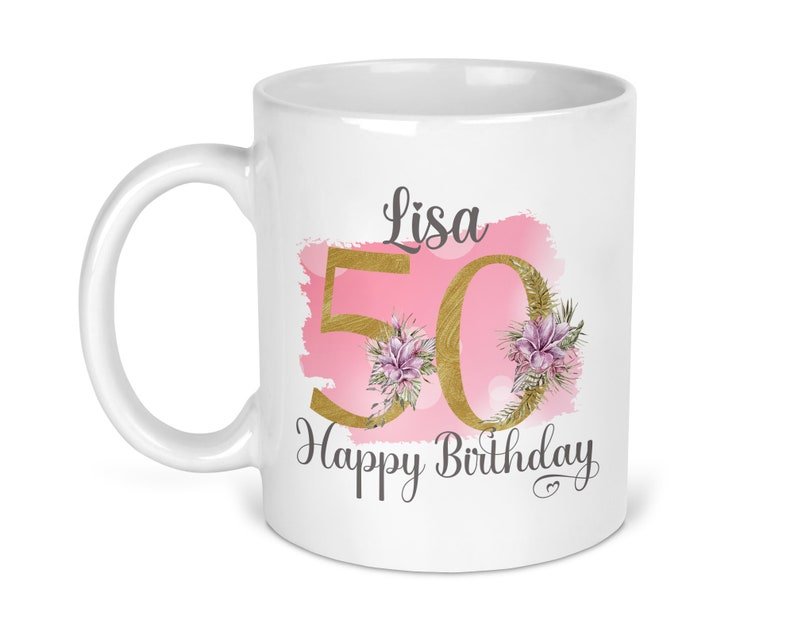 Personalised Pink Floral 50th Birthday Mug shown with printed design