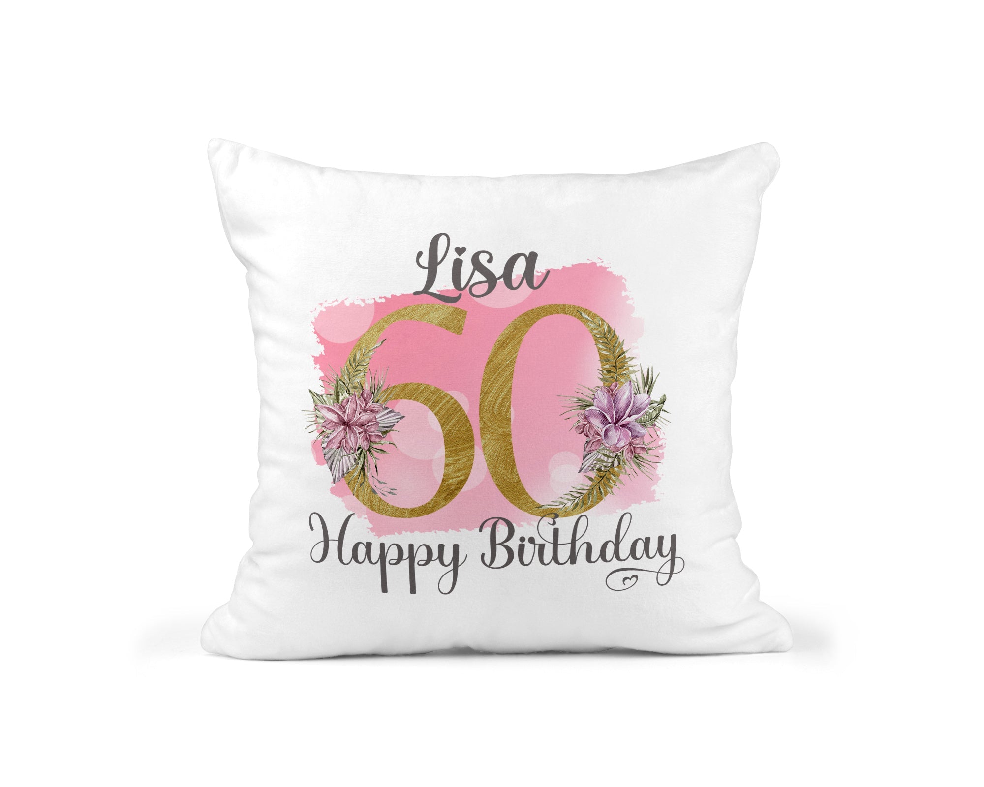 Personalised 60th Birthday Cushion, Pink Floral Design - Chicken Craft Ltd