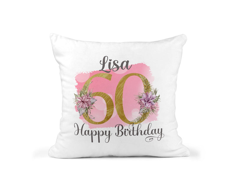Personalised Pink Floral 60th Birthday Cushion showing a floral milestone design front view