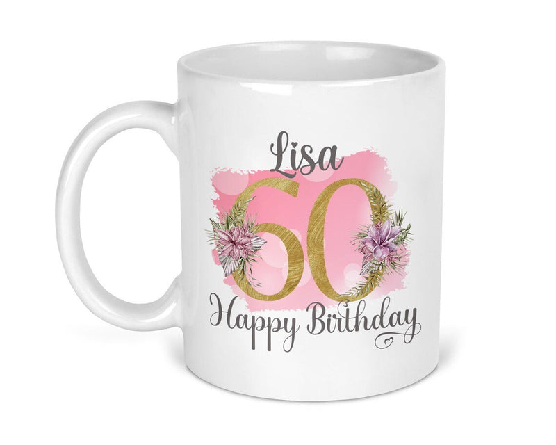 Personalised Pink Floral 60th Birthday Mug shown with printed design