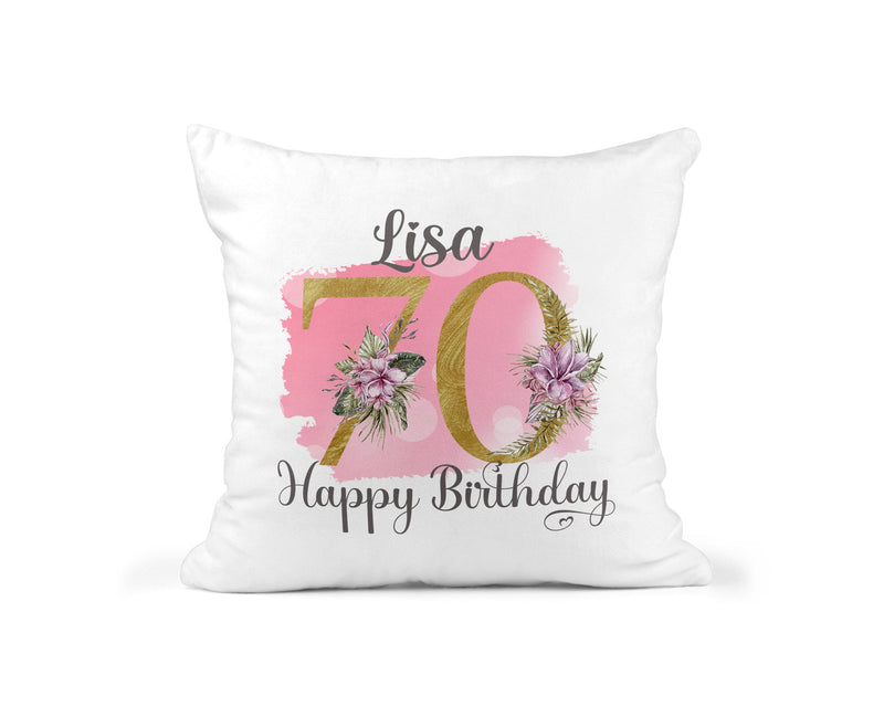 Personalised Pink Floral 70th Birthday Cushion showing a floral milestone design front view