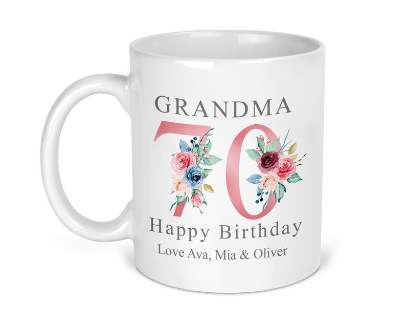 Personalised Rose Gold Floral 70th Birthday Mug shown with printed design