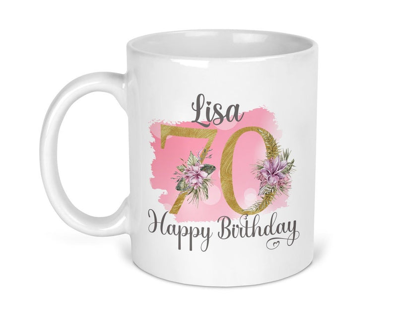 Personalised Pink Floral 70th Birthday Mug shown with printed design