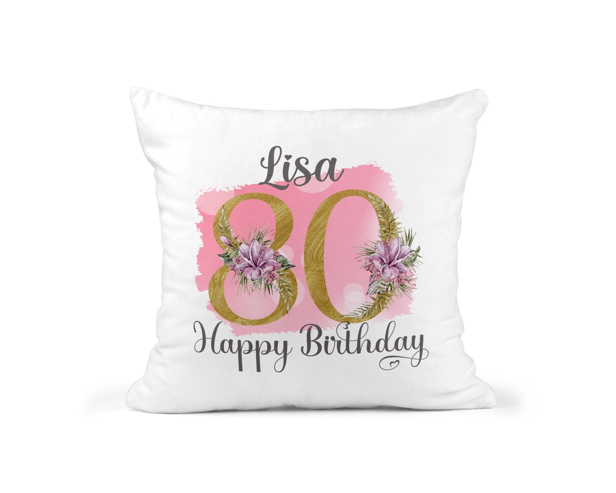Personalised 80th Birthday Cushion, Pink Floral Design - Chicken Craft Ltd