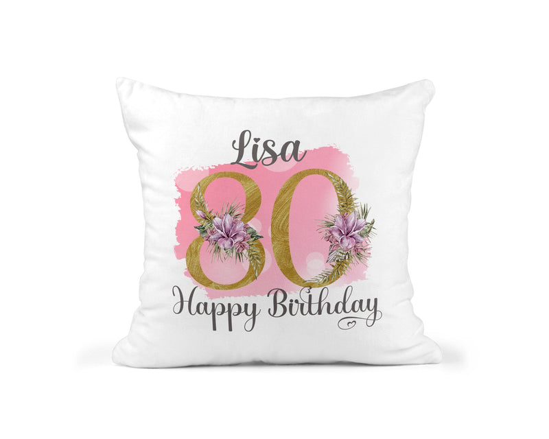 Personalised Pink Floral 80th Birthday Cushion showing a floral milestone design front view