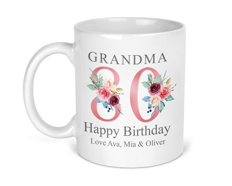 Personalised Rose Gold Floral 80th Birthday Mug shown with printed design