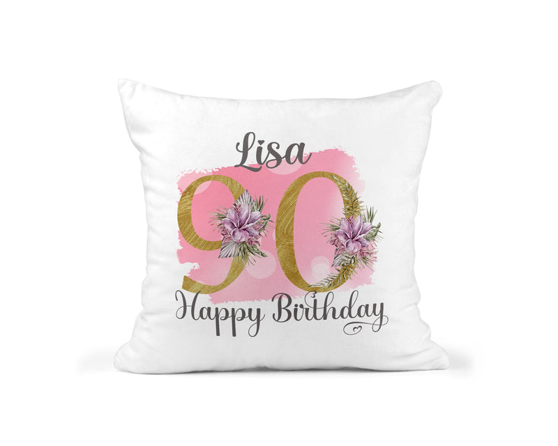 Personalised Pink Floral 90th Birthday Cushion showing a floral milestone design front view
