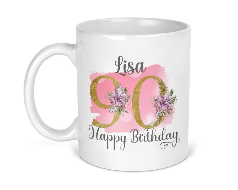Personalised Pink Floral 90th Birthday Mug shown with printed design