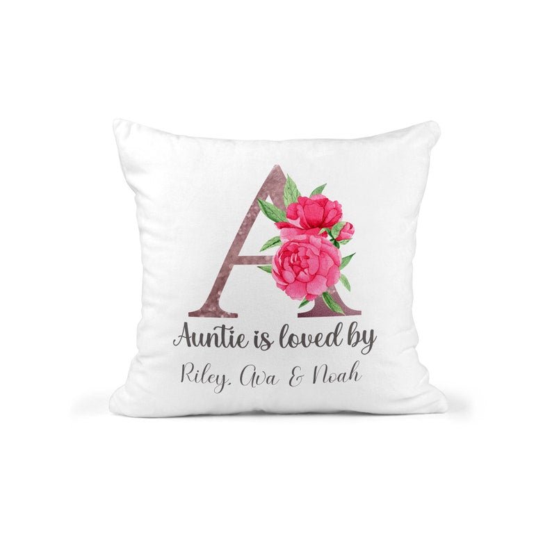 Personalised Auntie Is Loved by Cushion showing a floral milestone design styled view