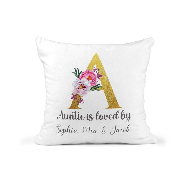 Personalised Auntie Is Loved by Cushion showing a floral milestone design detail view