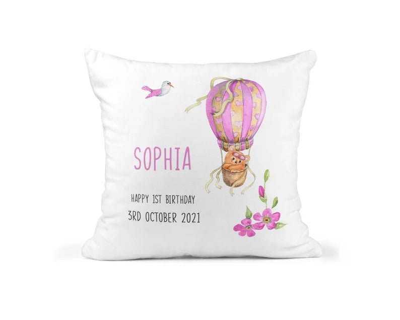Personalised 1st Birthday White Hot Air Balloon Cushion showing hot air balloon artwork detail view