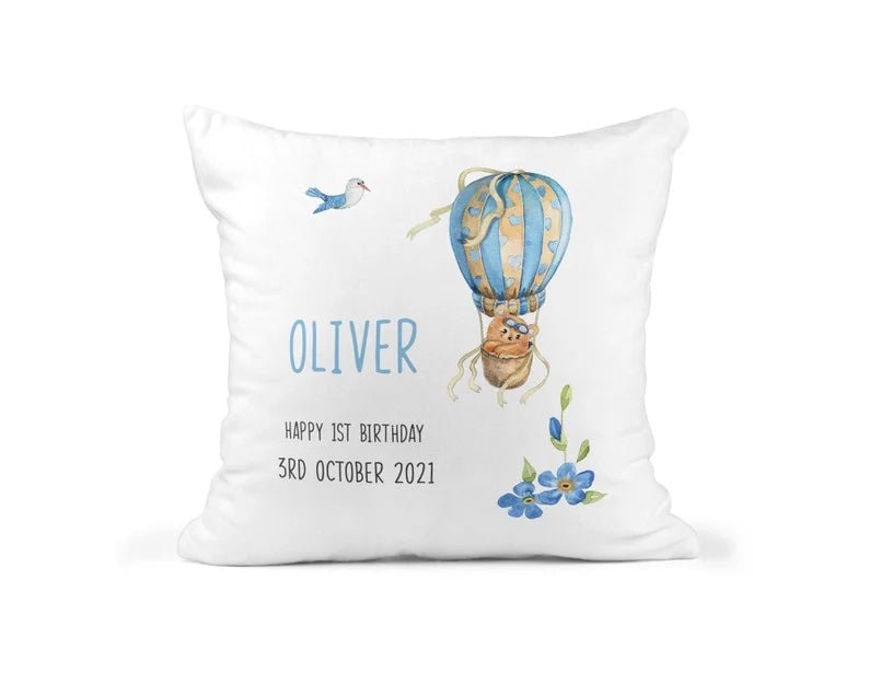 Personalised 1st Birthday White Hot Air Balloon Cushion showing hot air balloon artwork front view