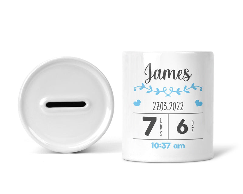 Personalised Baby Boy Birth Details Money Box shown as a ceramic keepsake