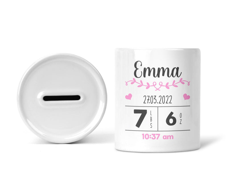 Personalised Baby Girl Birth Details Money Box shown as a ceramic keepsake