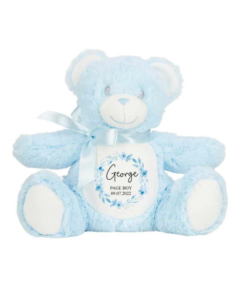 Personalised Blue Teddy Bear Soft Toy for Page Boy with Name and Date showing Page Boy