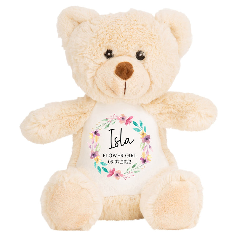 Personalised Brown Teddy Bear Soft Toy for Flower Girl with Name showing Flower Girl