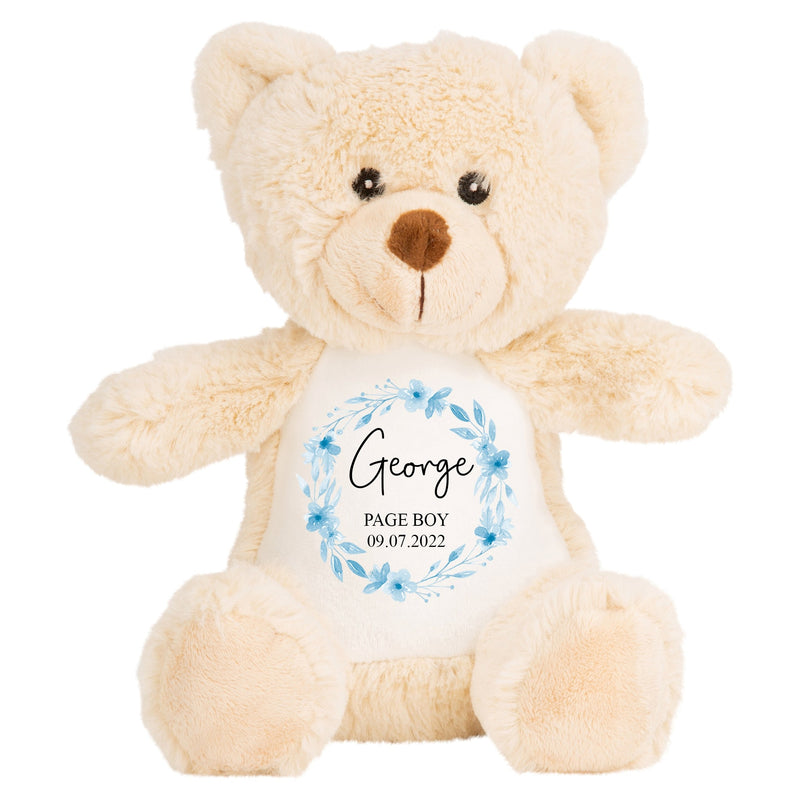 Personalised Brown Teddy Bear Soft Toy for Page Boy with Name and Date showing Page Boy