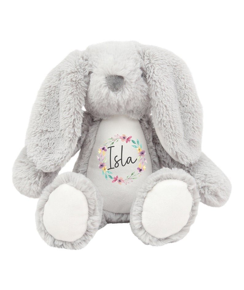 Personalised Cream Bunny Rabbit Christening Soft Toy with Name showing floral wreath