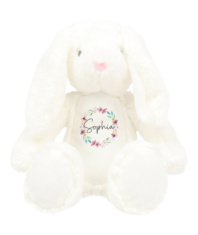 Personalised Cream Bunny Rabbit Christening Soft Toy with Name showing floral wreath