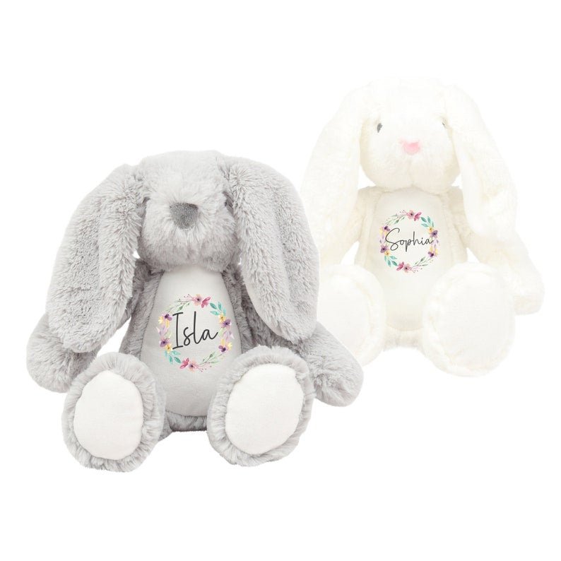 Personalised Cream Bunny Rabbit Christening Soft Toy with Name showing floral wreath