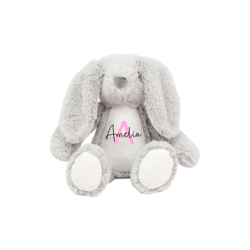 Personalised Bunny Rabbit Christening Soft Toy with Name and Initial showing initial
