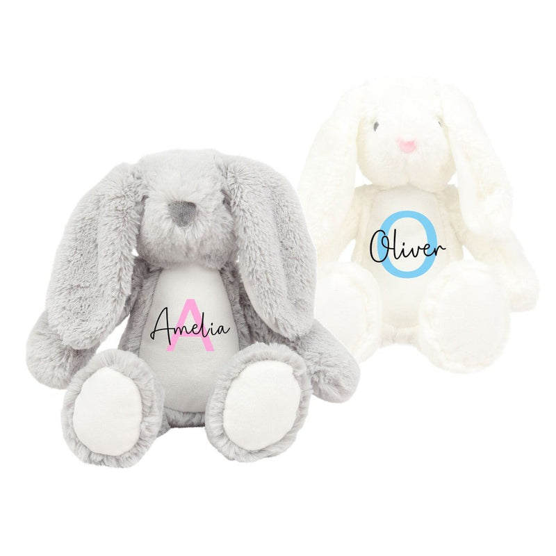 Personalised Bunny Rabbit Christening Soft Toy with Name and Initial showing initial