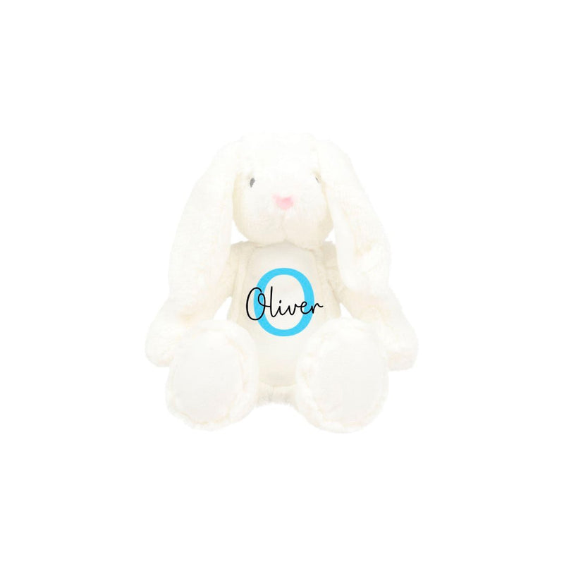 Personalised Bunny Rabbit Christening Soft Toy with Name and Initial showing initial