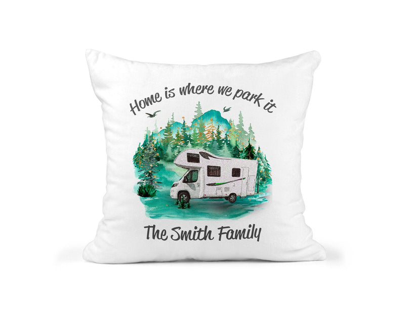 Personalised Home Is Where We Park It Cushion showing a new home design front view