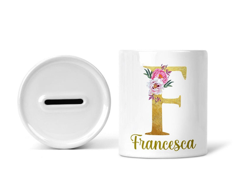 Personalised Floral Initial Money Box shown as a ceramic keepsake
