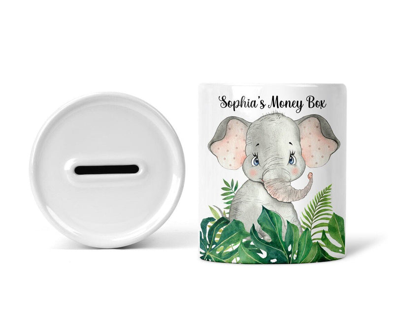 Personalised Children's Elephant Money Box shown as a ceramic keepsake