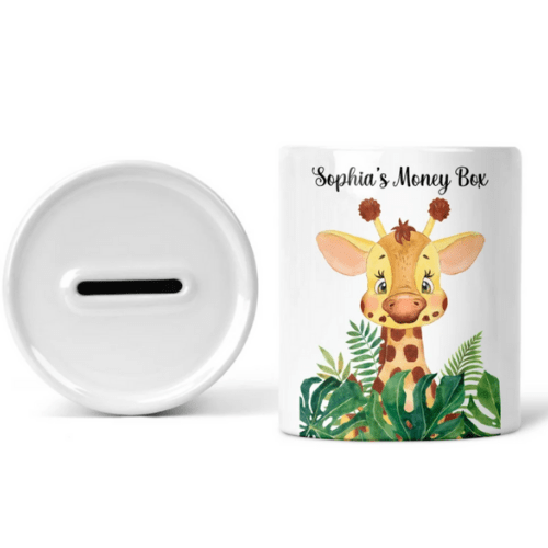 Personalised Children's Giraffe Money Box shown as a ceramic keepsake