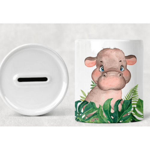 Personalised Children's Hippo Money Box shown as a ceramic keepsake