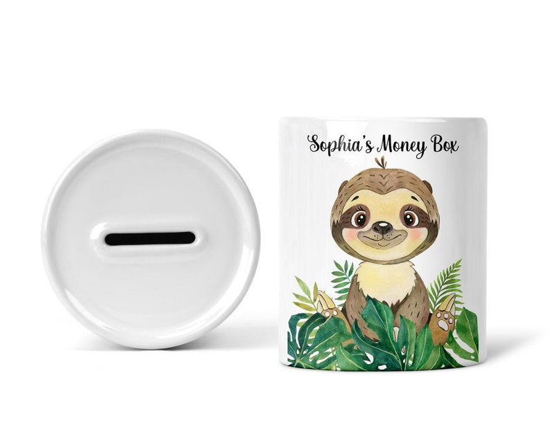 Personalised Children's Sloth Money Box shown as a ceramic keepsake